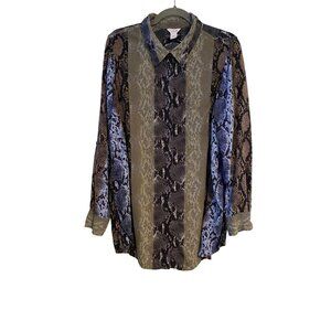 Intro Women’s XL Snake Print Button-Up Blouse Rayon Long Sleeve Multicolor Artsy